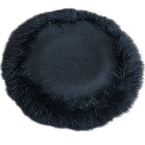 Vintage A. Brod black wool beret with black feather trim New with tag